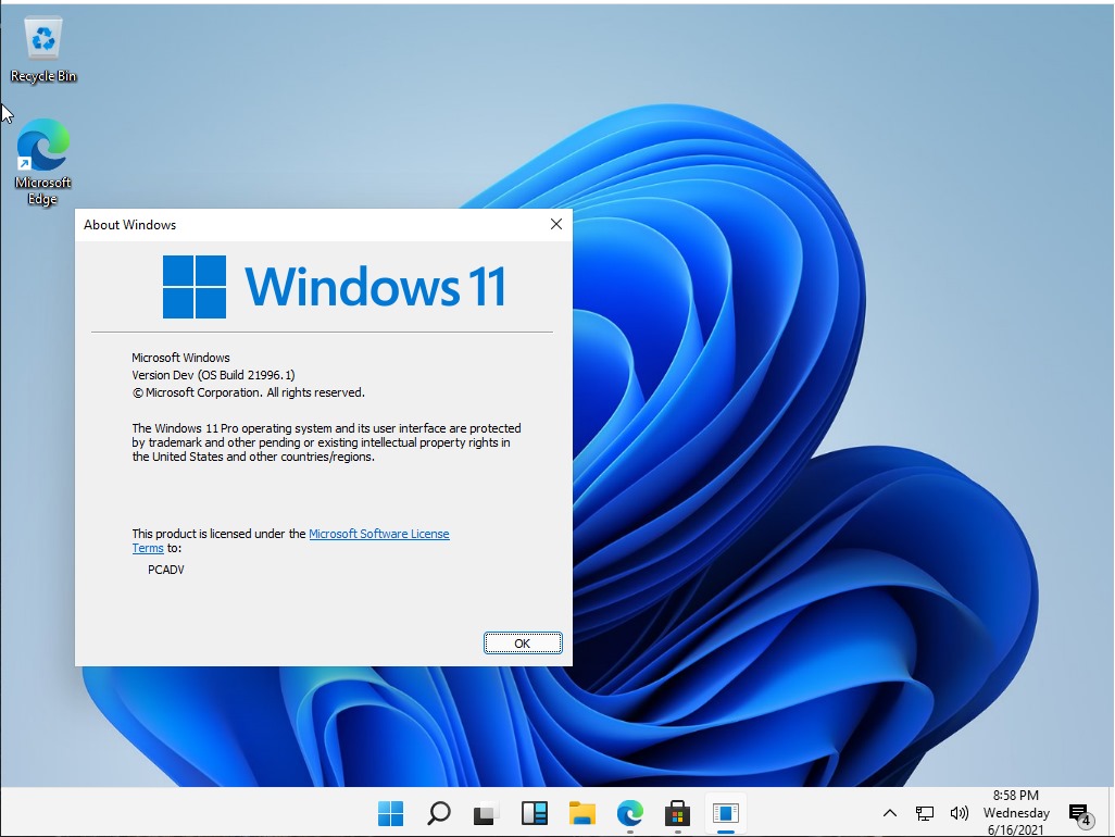 從winver程式中可以看到Windows組建為Build21996.1。