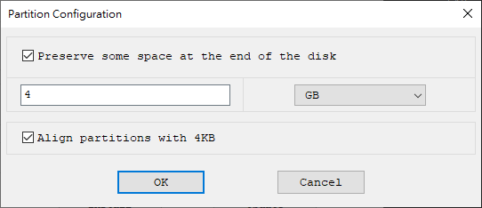 如果要預留空間的話,則需先點選「Option -> Partition Configuration」,輸入想要保留多少容量。