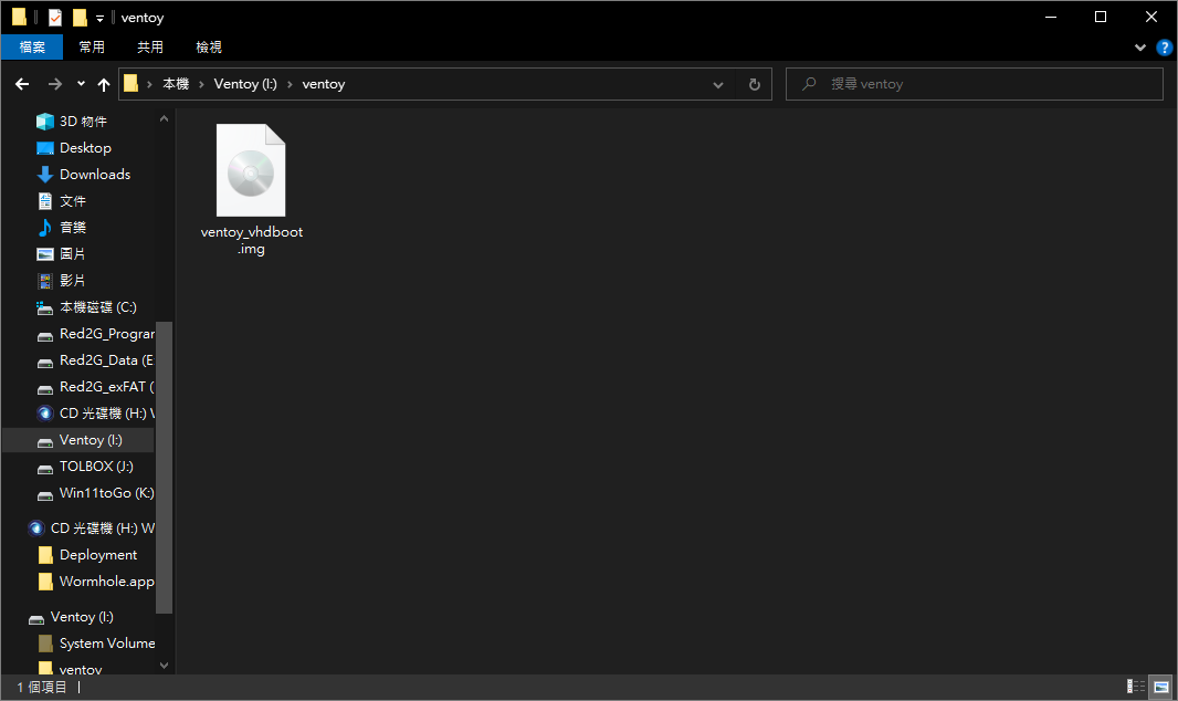 最後需要在Ventoy磁區手動建立「ventoy」資料夾(注意為全小寫),並將Ventoy VHD開機外掛程式(ventoy_vhdboot.img)放到這邊,即可完成安裝手續。