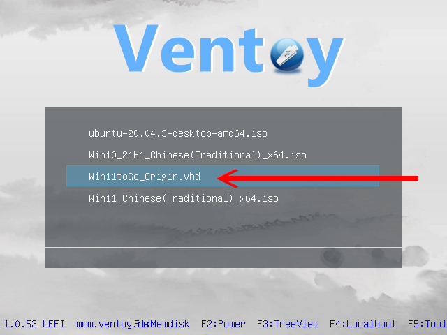 設定正確的話,重新開機後就可以看到Ventoy的主選單,選擇已部署Windows 11 To Go的虛擬硬碟。
