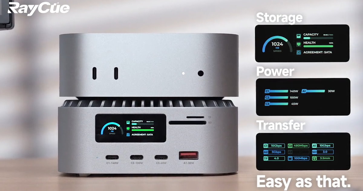 RayCue擴充底座完美騎乘Mac Mini M4，疊上去即可擴充I/O與固態硬碟
