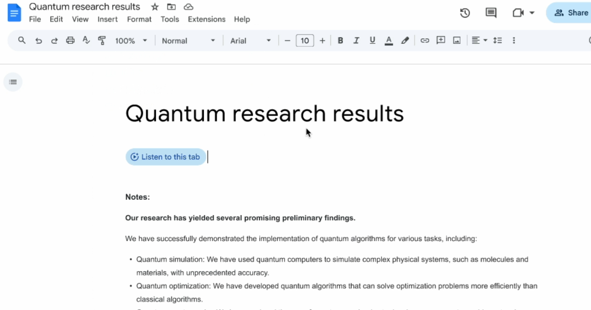 Google 文件現可透過內建 Gemini 將文章內容「朗讀」出來,不過目前僅支援英文