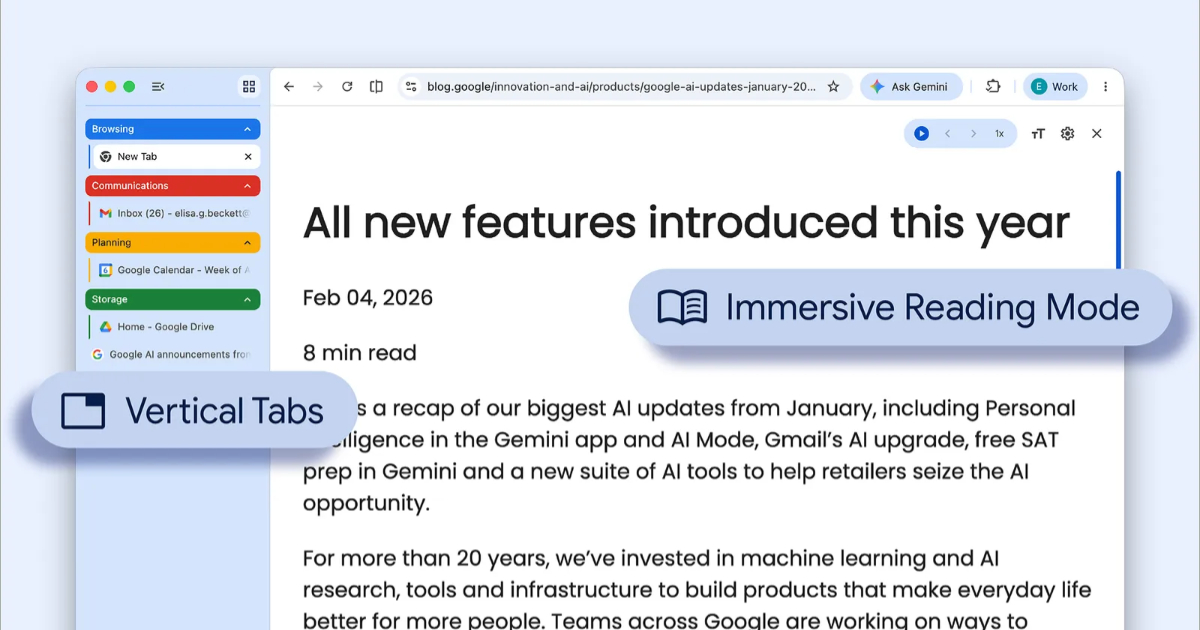 Chrome 瀏覽器終於推出「垂直分頁」，沉浸式閱讀模式同步登場