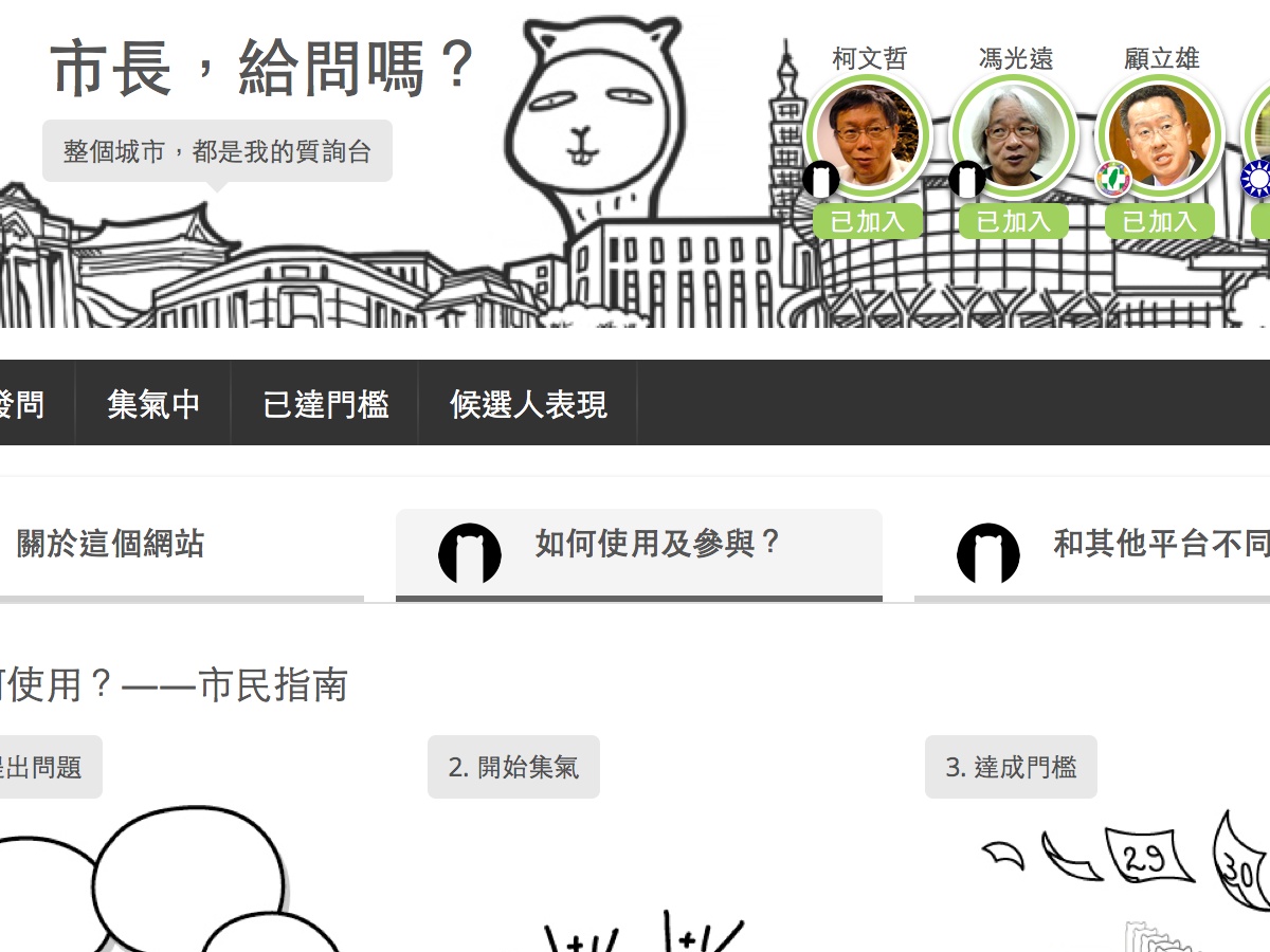 「市長，給問嗎？」民眾連署提問網站，請台北市長候選人們作答