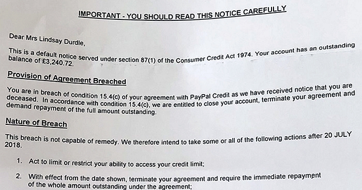 PayPal向已故女子發出帳號違規告知，引發公關危機
