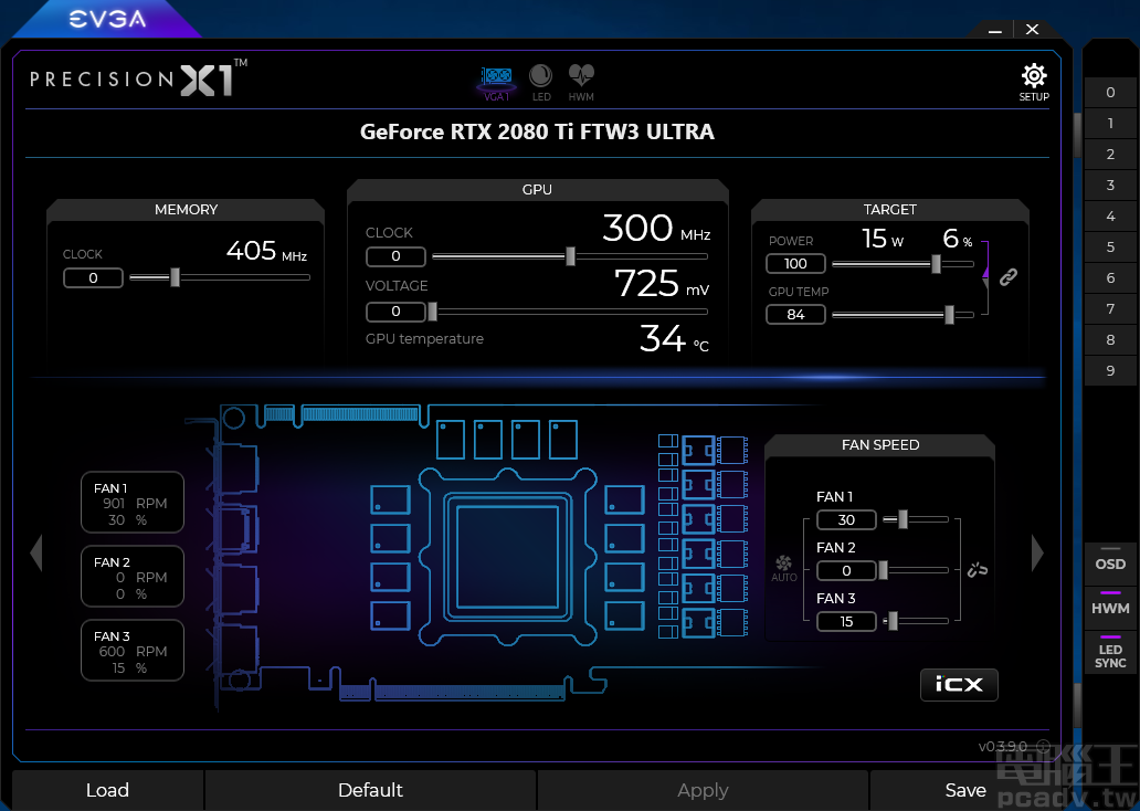 Precision X1 软体右侧 0~9 分别为设定档疾速切换按钮,下方 OSD、HWM、LED Sync 按钮紫色灯亮起,泄漏表现该功用启动中