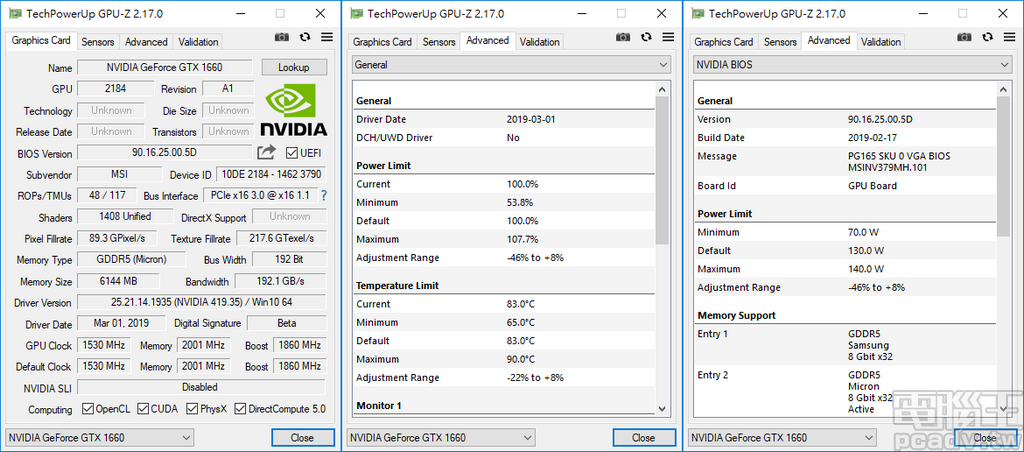 使用 GPU-Z 檢測,GeForce GTX 1660 Gaming X 6G 的 Power Limit 和 Temperature Limit 分別為 130W 和 83℃,使用者調整範圍分別為 -46%~8%、-22%~8%
