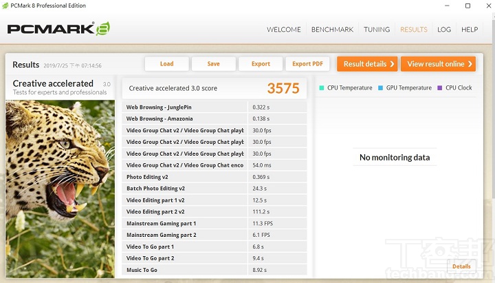 在 PCMark 8 Creative 模式下，是以相片編修、影片編修、遊戲效能等等的情境，測得 3,575 分。