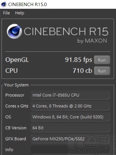 CINEBENCH R15測試中，OpenGL 為 98.85fps，處理器為 710cb 的成績。