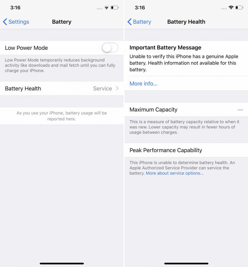 副廠 iPhone 電池將無法觀看「電池健康度」數值。圖片來源：iFixit