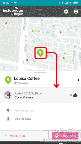 3.在地圖上會顯示出具備免費Wi-Fi的店家或場所，按標記點則可以看到回報者的姓名，點「DIRECTIONS」則會開啟導航。