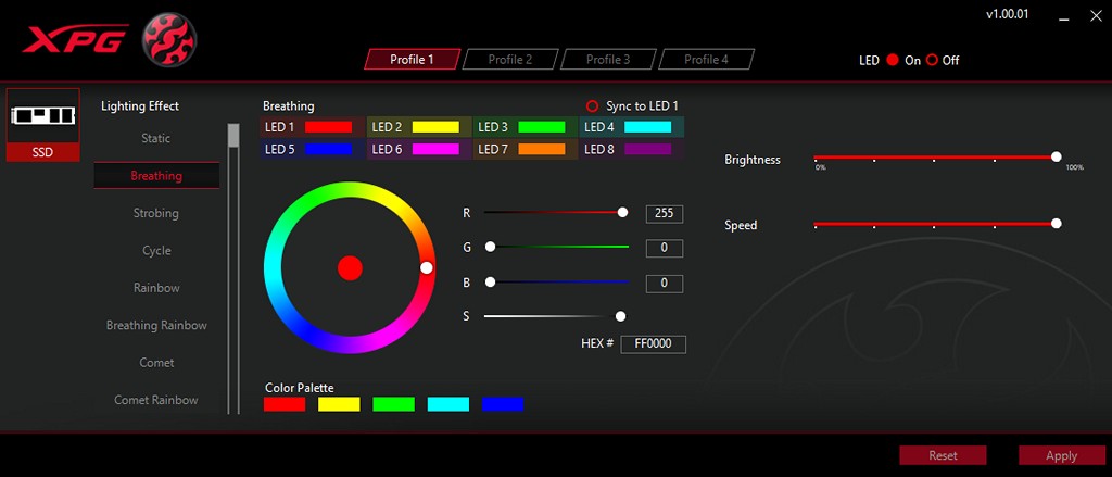 ▲ 針對SPECTRIX S40G RGB LED SSD,ADATA另行提供XPG RGB Software負責控制燈光效果,提供多種樣式讓玩家選擇。