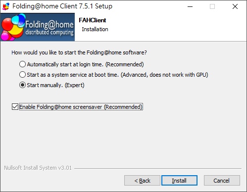 安裝時建議選取手動啟動（Start Manually），在需要時再開啟程式就好。此外也可以勾選啟動螢幕保護程式（Enable Folding@home screensaver）。