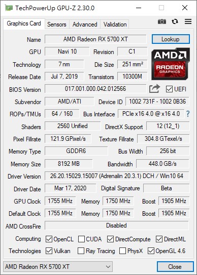 顯示卡則為AMD Radeon RX 5700 XT 8GB。