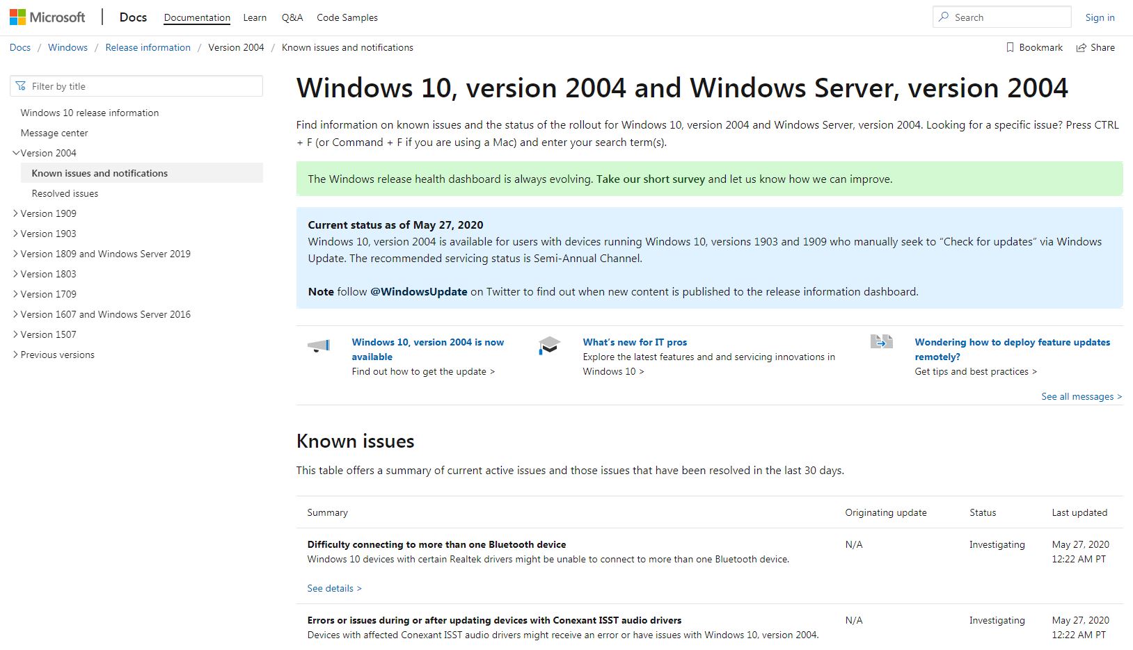 Windows 10 2004 半年度大更新今日释出，连接到多个蓝牙设备可能发生异常