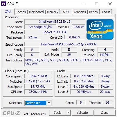 Intel Xeon E5-2650 v2來啦！注意左下角的選項，有2組處理器插槽（Socket）喔。