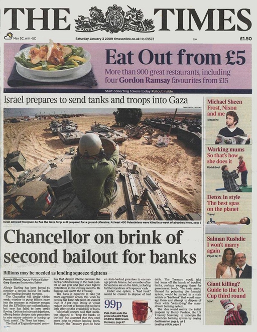 比特幣創世區塊訊息以及2009年1月3日泰晤士報的封面照片