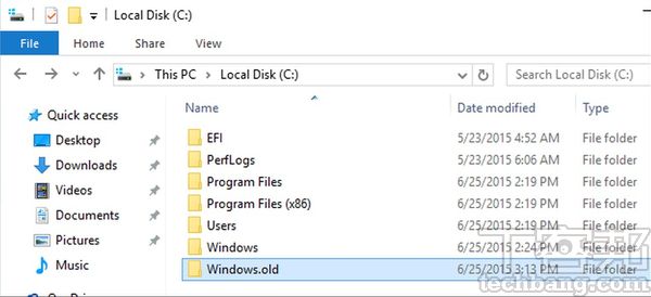 直接升級 Windows時系統會自動備份關鍵檔案，但這些文件會佔據相當份量的硬碟空間，原則上電腦會在降級反悔期過後主動清除。