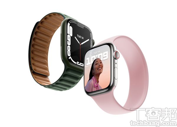 Apple Watch Series 7的外型雖然沒有顯著改變，尺寸只比過去大1mm，分別為41mm、45mm，但螢幕可顯示面積卻變大20%。