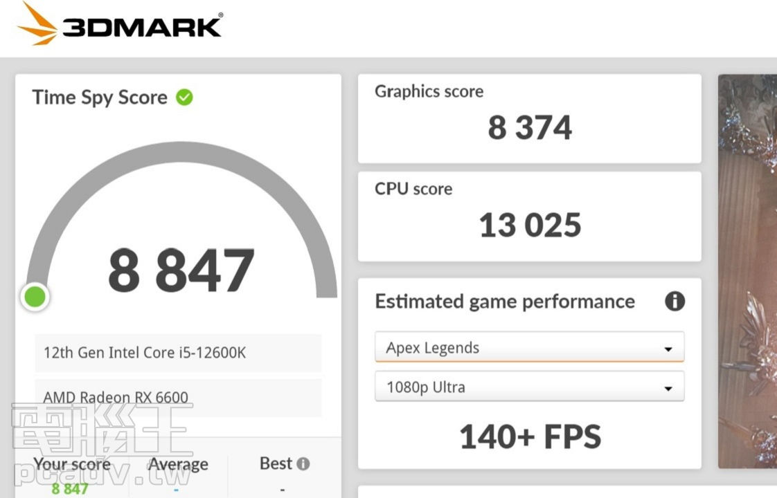 3DMark Time Spy 測試，顯示卡分數為 8374 分，處理器分數為 13025 分，整體評價 8847 分。