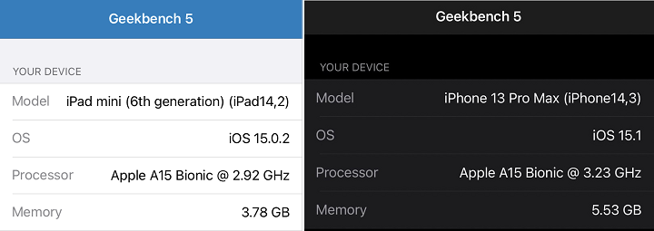 透過 Geekbench 5 檢視，iPad mini 載的 A15 仿生晶片（左）為 2.92GHz，略低於iPhone 13 Pro Max載 A15 仿生晶片（右）的 3.23GHz。
