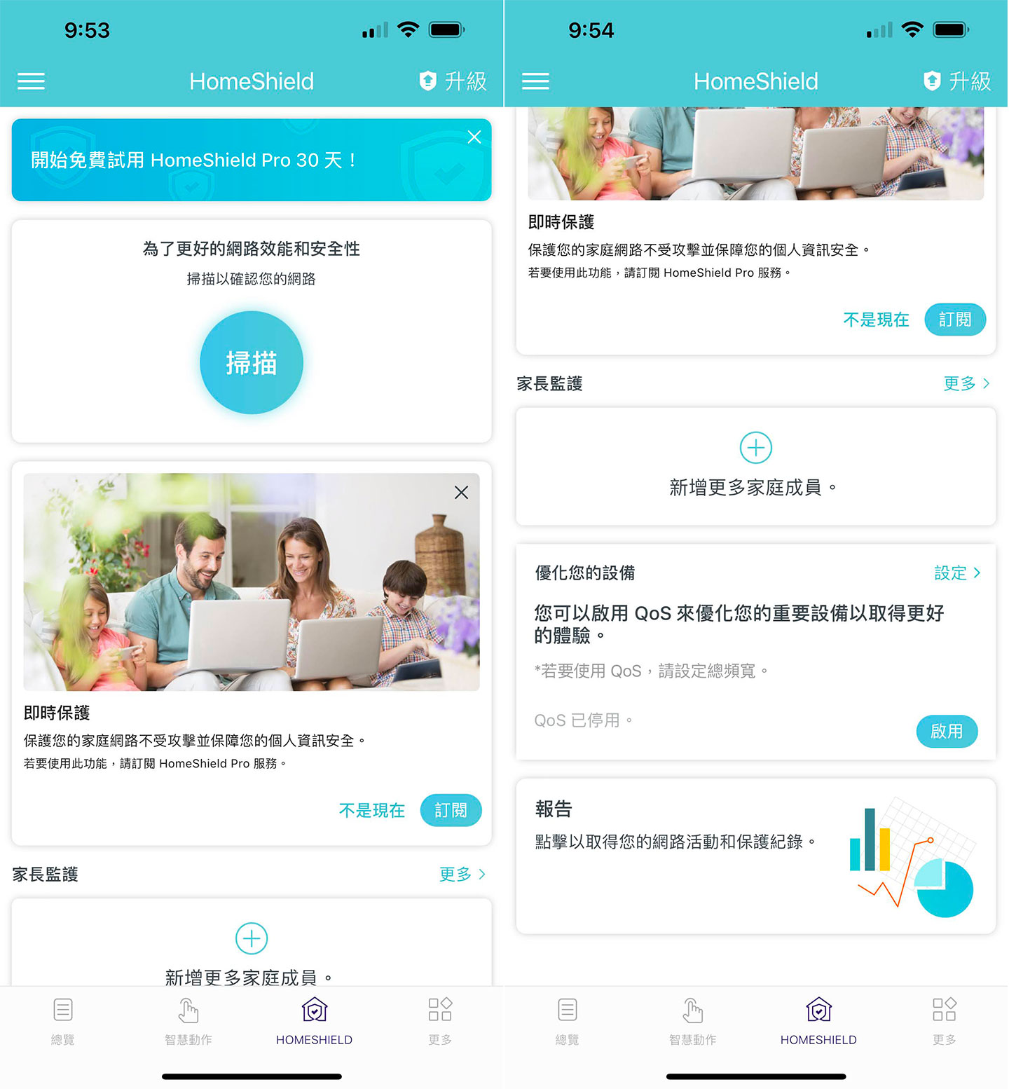 在 Deco App 中也整合了「HomeShield家庭照護」功能，可提供網路效能與安全性掃描、家長監護功能、QoS 優化與報告檢視…等功能。
