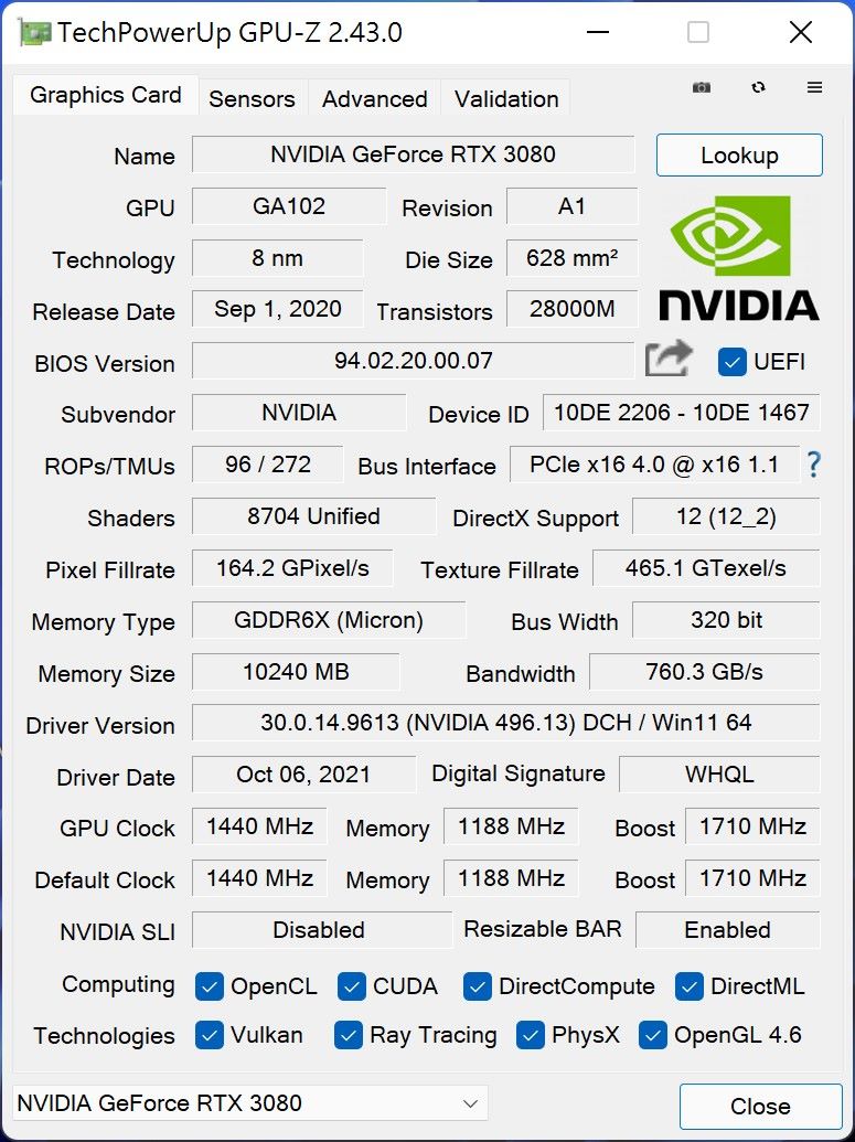 顯示卡為NVIDIA 0GeForce RTX 3080 Founder Edition，並開啟Resizable BAR功能。