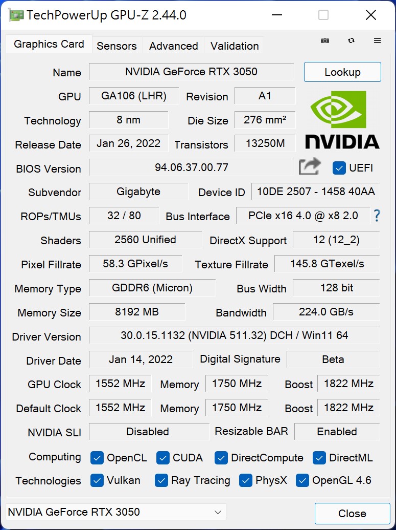 從GPU-Z查看顯示卡資訊，可以看到GeForce RTX 3050 Gaming OC 8G的Boost時脈為1822MHz，比官方規格高出52 MHz（2.94%）。