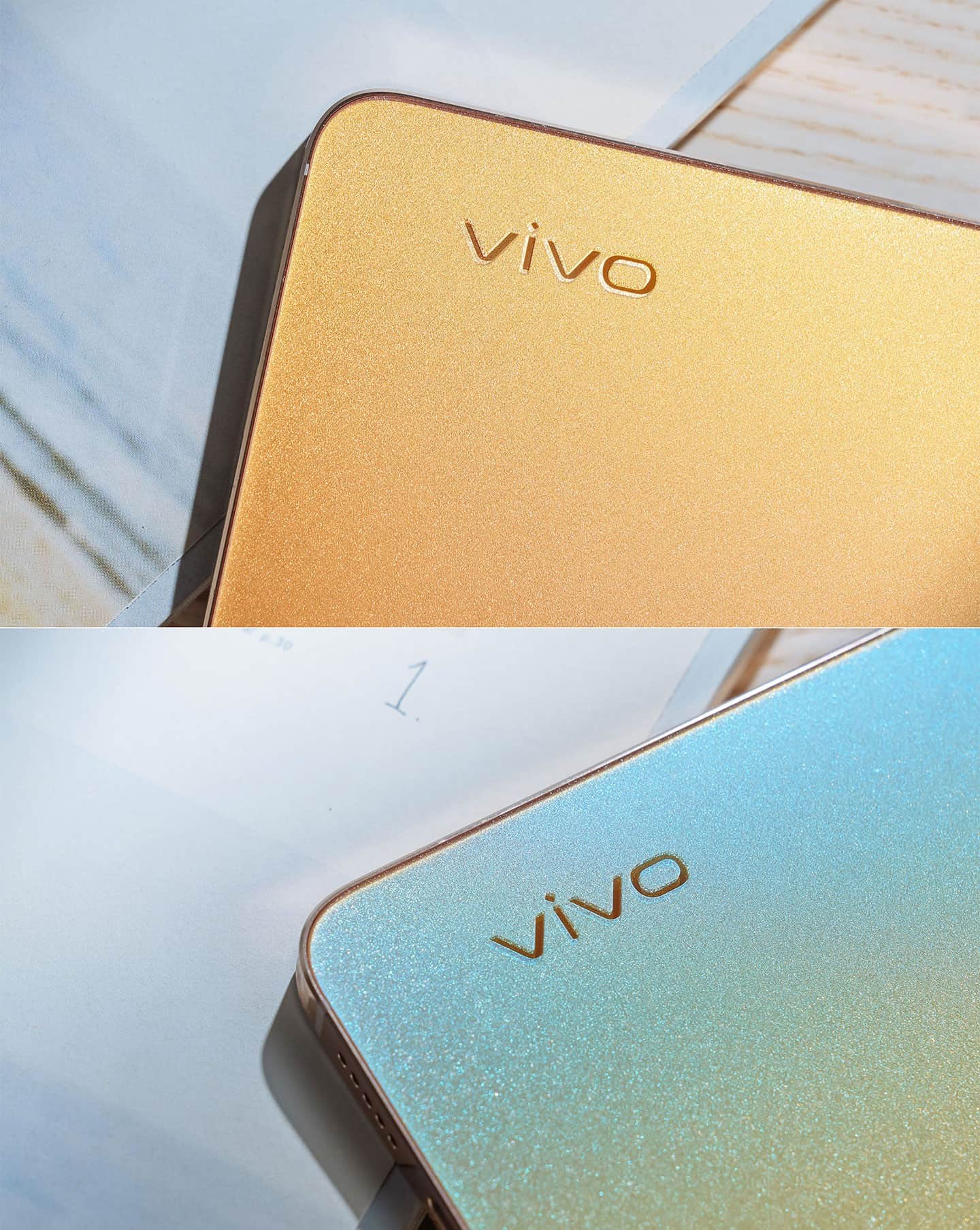 vivo V23 5G 的背蓋以 Fluorite AG 螢石玻璃磨砂工藝打造，視覺上猶如水晶般閃耀，而流光金版本更擁有特殊的「光致變色」效果，圖上為原本的金色背蓋色，圖下則為照射過紫外線後的變色效果。