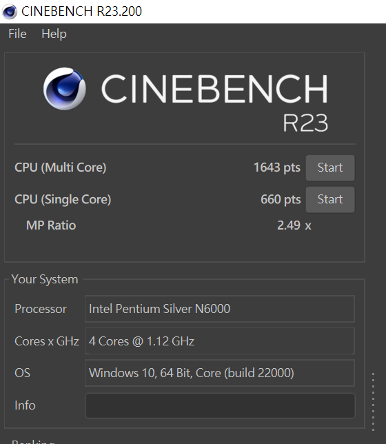 透過 Cinebench R23測試，多核心為1, 643pts，單核心為660pts，多、單核心的效能差距倍數為2 .49x。