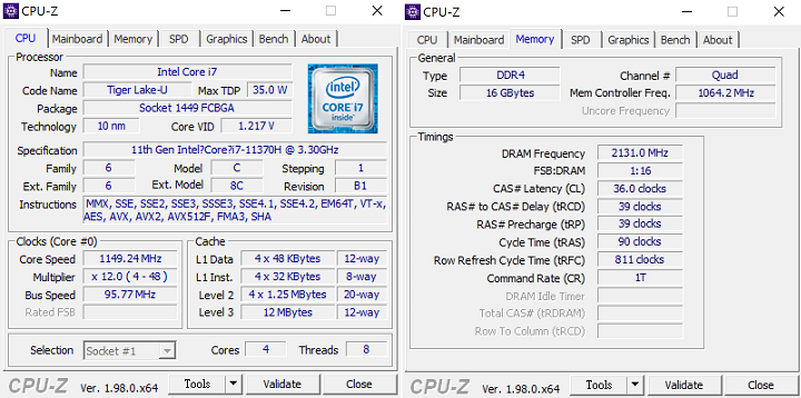 透過 CPU Z 檢視，Intel Core i7-11370H 為 10 奈米，TDP 35W，採 4 核心 8 執行緒架構，記憶體為 16GB LPDDR4X。