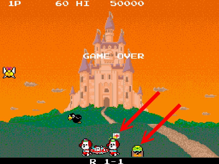 原始版本的《Plump POP》在Game Over後，角色上的旗幟與鋼盔上的紅色、綠色十圖示。