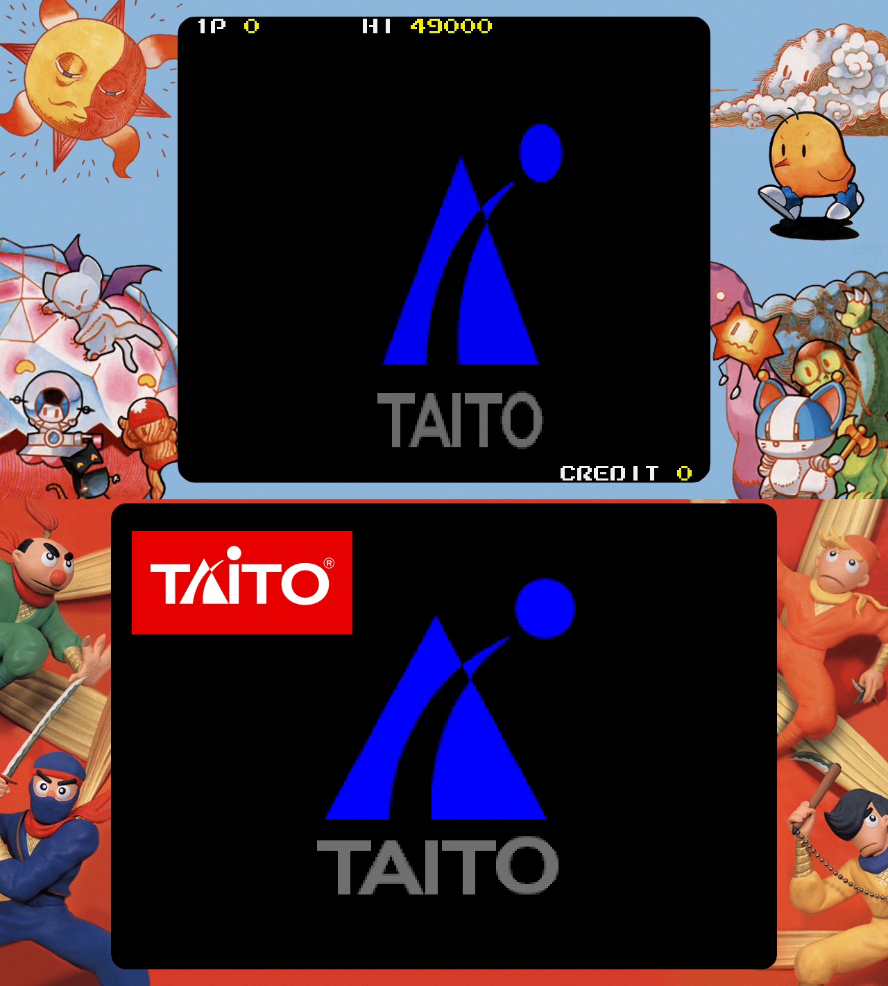 對照Egret II Mini收錄的《忍者小》（下圖），與取自Taito官方網站的商標（紅色小圖），可以看到Egret II Mini版《紐西故事》（上圖）連Taito商標都看得出嚴重變型。