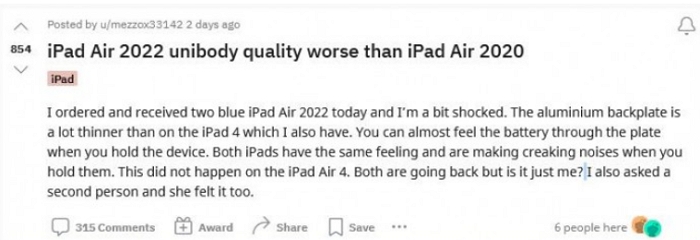 iPad Air 5被指機身薄到「可以感覺到電池」，拿起平板還有異「吱吱」聲