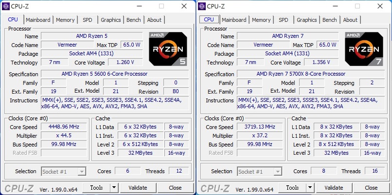 Ryzen 5 5600, Ryzen 7 5700X CPU-Z Information