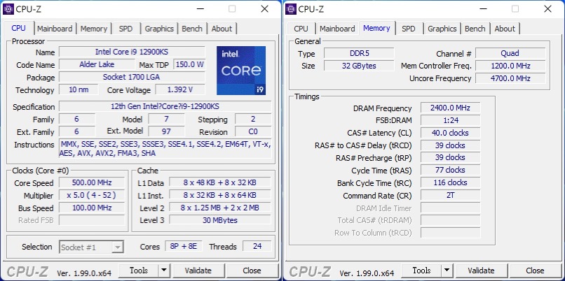 Core i9-12900KS的CPU-Z資訊，記憶體為雙通道DDR5-4800，CL值在開啟XMP後自動定為40。