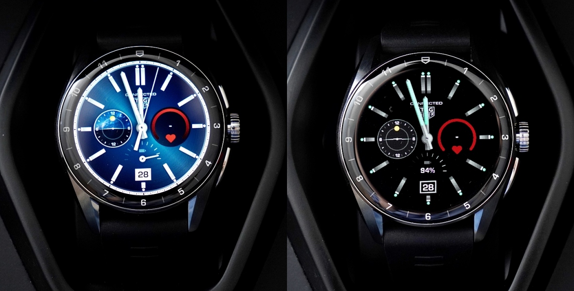 錶盤具備省電計，如果使用者沒有抬腕看錶盤就會自動變成像右側那樣黑背景顯示，藉達到更長的續航力表現。