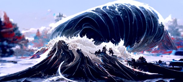 「the Great Wave, rendered in high resolution by Greg Rutkowski, trending on artstation」，不加原作者，AI 就按他的理解给我画了一个惊涛骇浪