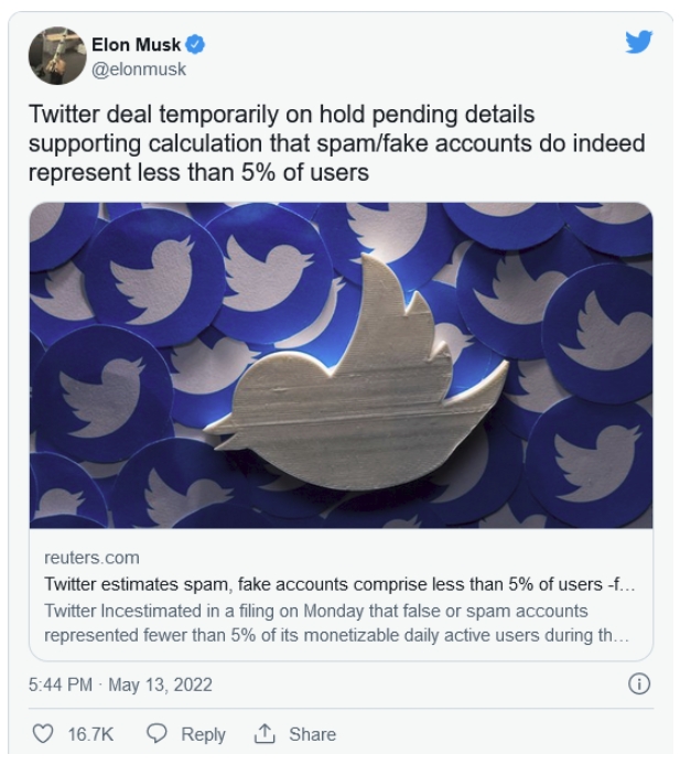 馬斯克宣佈暫停收購Twitter，Twitter團隊真能明假帳號只佔5%以下再說