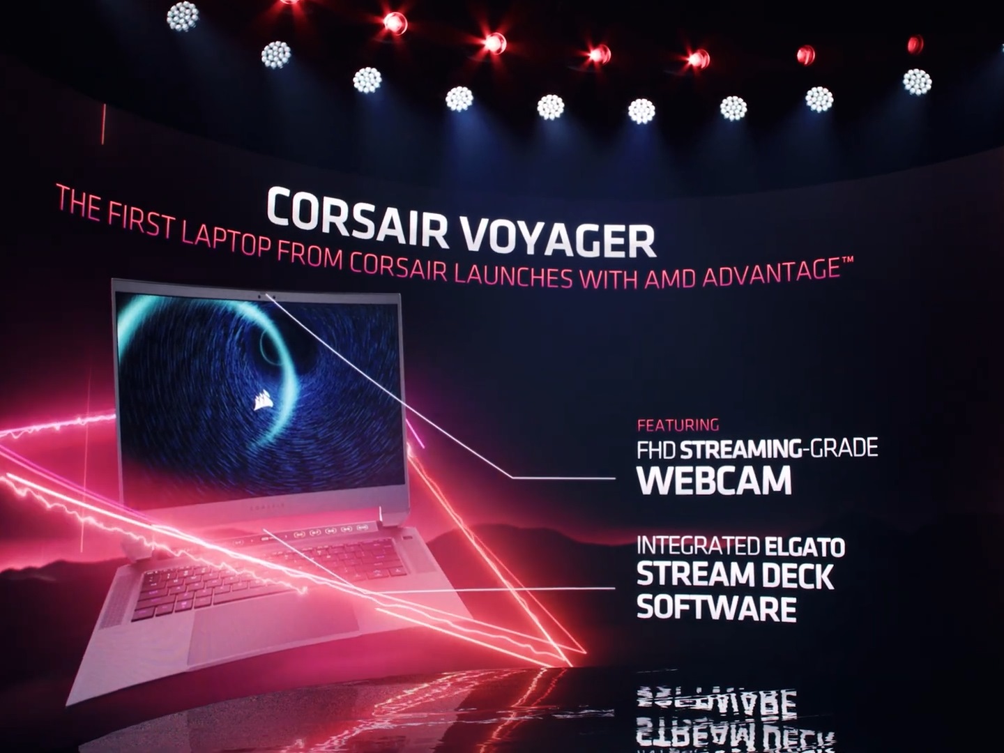 全新發表的Corsair Voyager是針對直情境計的電競電，最大的特色就是載Full HD解析度的Webcam與Elgato Stream Deck快捷鍵與串流軟體。
