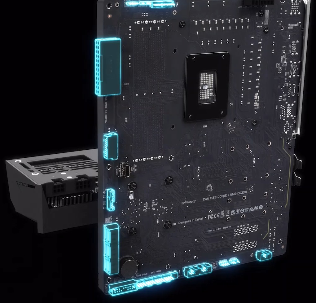 It can be seen from the schematic diagram that various power terminals have been moved to the side or rear of the motherboard, and components such as SATA terminals, USB expansion pins, power panel pins, and audio panel pins have also been moved to the rear.