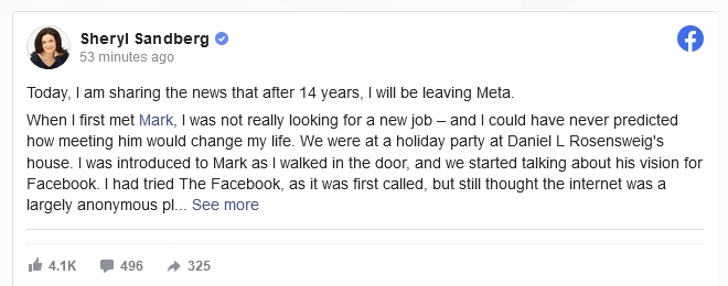 Meta首運營長桑德伯格宣佈離職，祖克伯稱是「一個時代的終結」