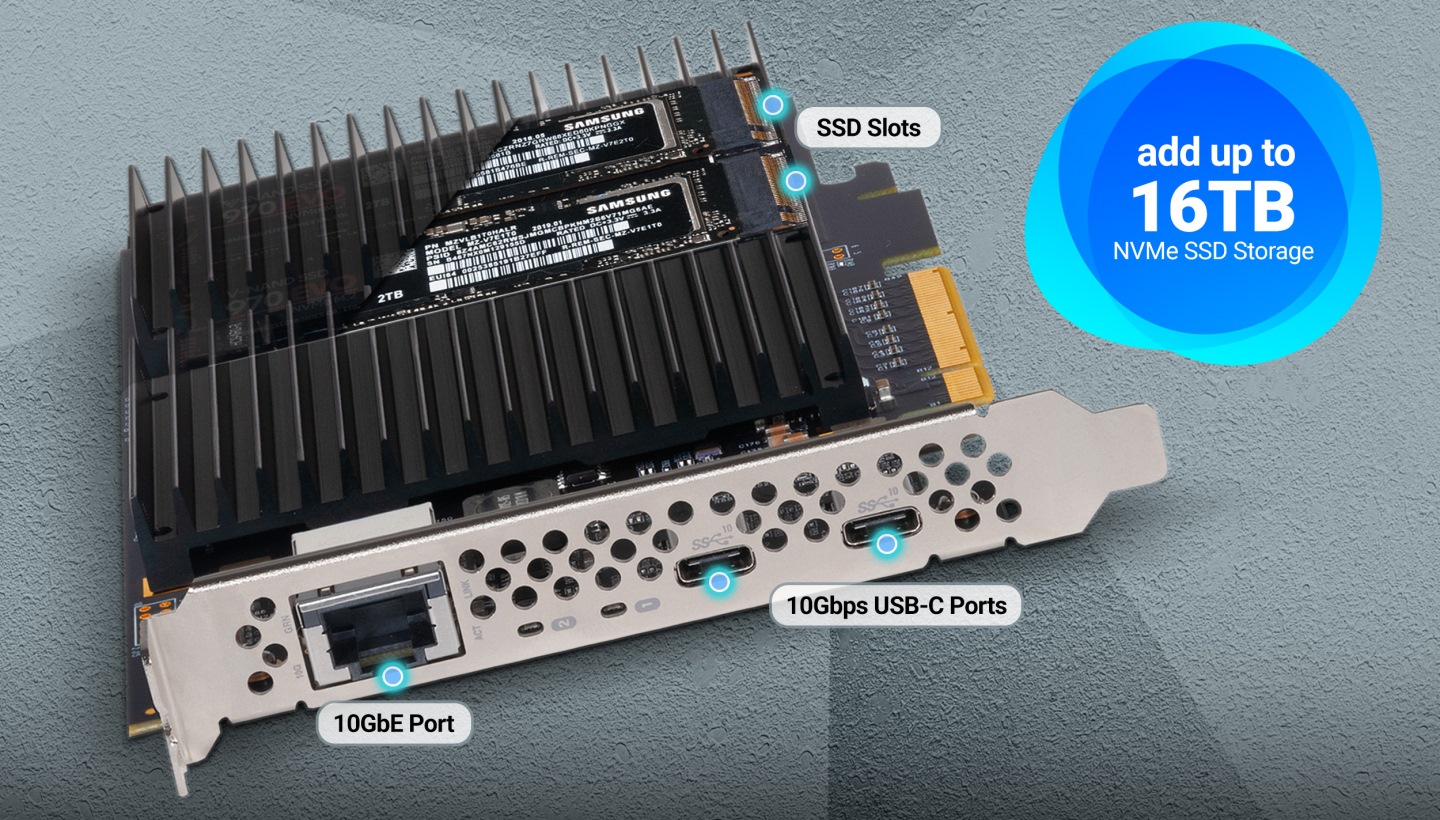 McFiver PCIe Card是採用PCIe Gen3x8介面，並提供10GbE乙太網路、USB 3.2 Gen2以及M.2固態硬碟功能的擴充卡。