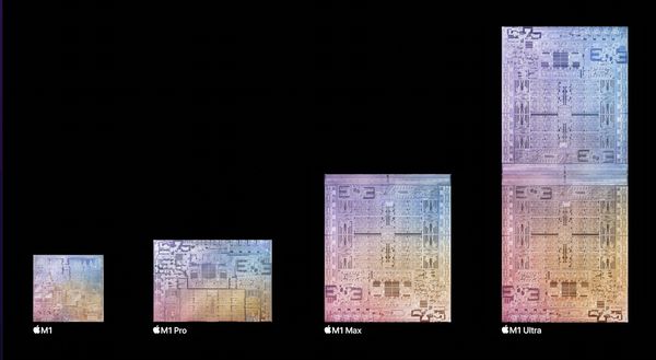 由M1到 M1 Ultra ，電晶體數愈來愈多，晶片也愈大，且 M1 Ultra 是透過 UltraFusion 封裝架構，將2顆 M1 Max 晶片組合在一起。