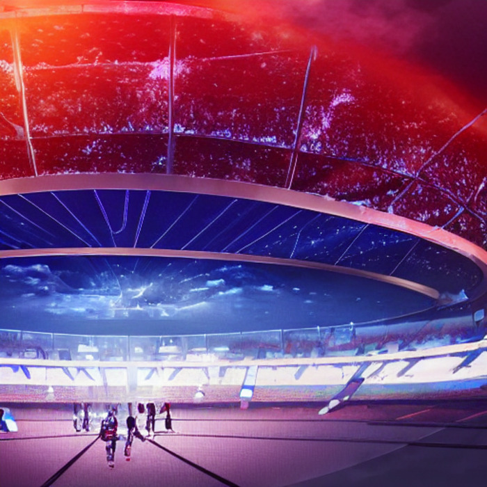 關鍵的輸入為「A futuristic dark stadium with a huge transparent transparent dome with Tai Tzu Ying waving on the pitch, sunlight, art station, sky, stars full of glass, huge size, fog, highly detailed, cinematic, colorful」。