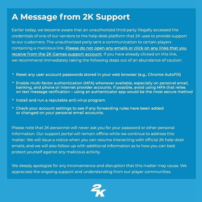 繼《GTA6》大量洩露後，2K也發公告表示客服平台客攻擊「勿點選來自2K官方客服的郵件連結」
