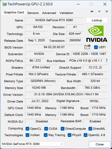 使用的顯示卡為NVIDIA GeForce RTX 3080 Founder Edition，並開啟Resizable BAR功能。