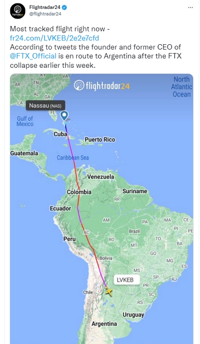 航追蹤顯示FTX創辦人SBF私人飛機已逃往阿根廷，SBF卻說他沒離開：難道飛機自己去了阿根廷？