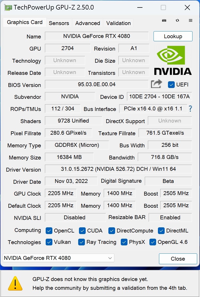 這次測試的主角為GeForce RTX 4080 Founder顯示卡，者測試時GPU-Z尚無法確辨顯示卡資訊。