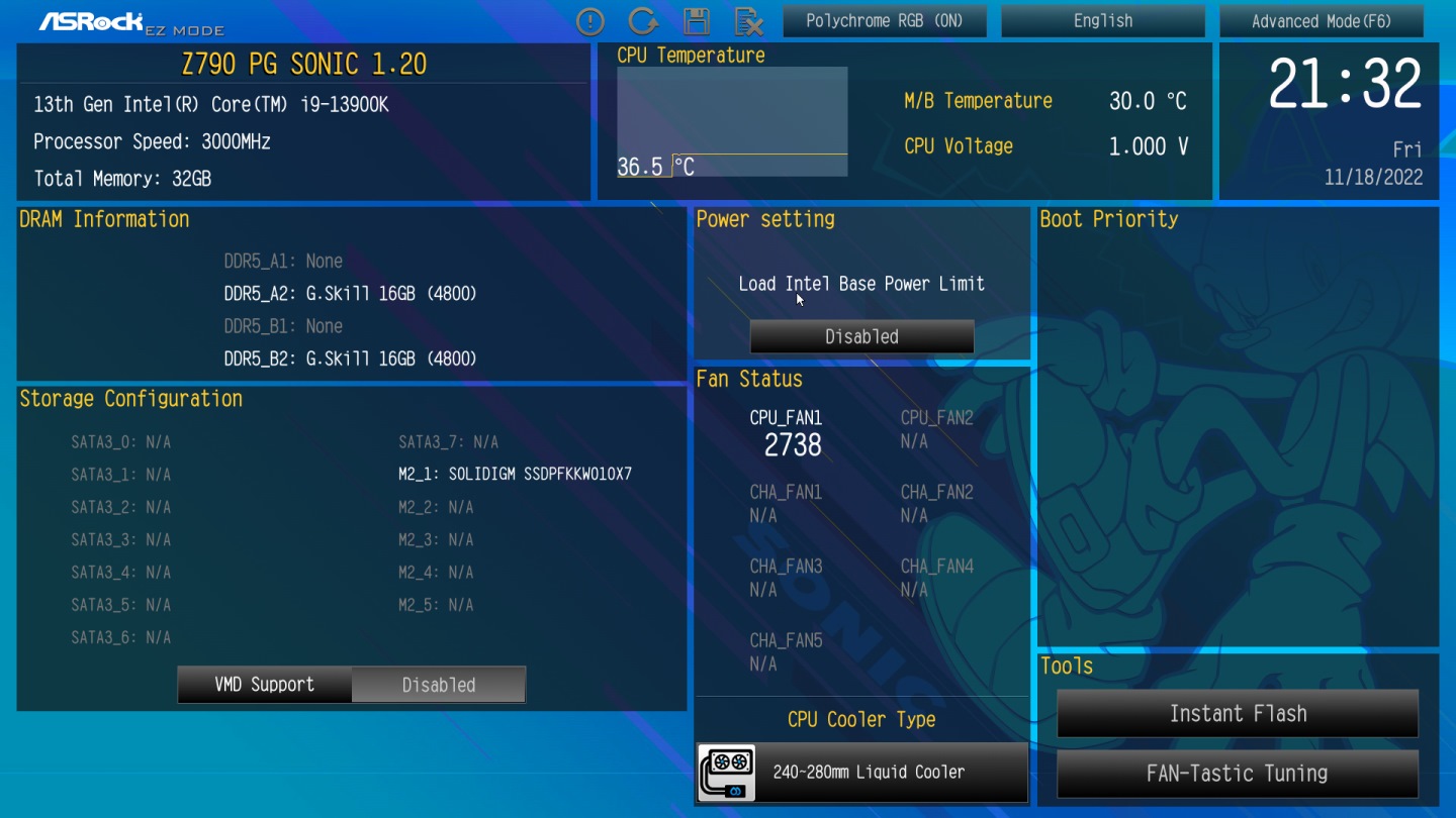 Z790 PG Sonic的BIOS/UEFI定選單具有音速小圖案的背景。